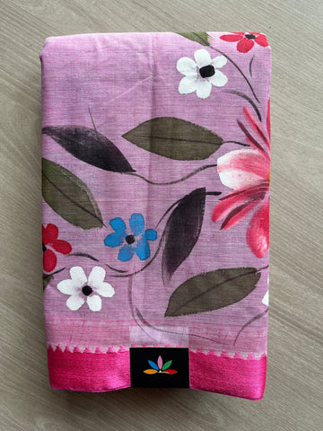 Dusty Magenta with Floral Hand painted Bengal Cotton Saree (Without blouse)- 30565