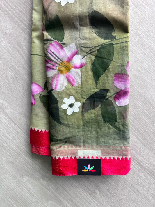 Sage Green Hand painted Bengal Cotton Saree (Without Blouse)- 35391