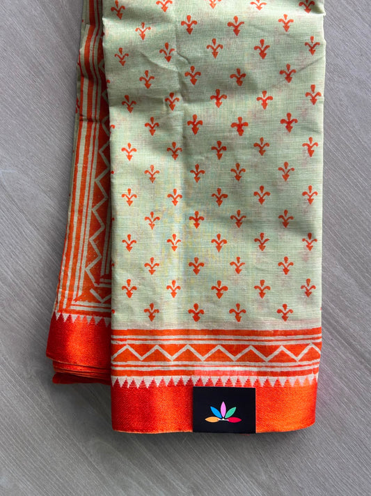 Light Neutral Green Hand Block Printed Bengal Cotton Saree (Without Blouse)- 35392