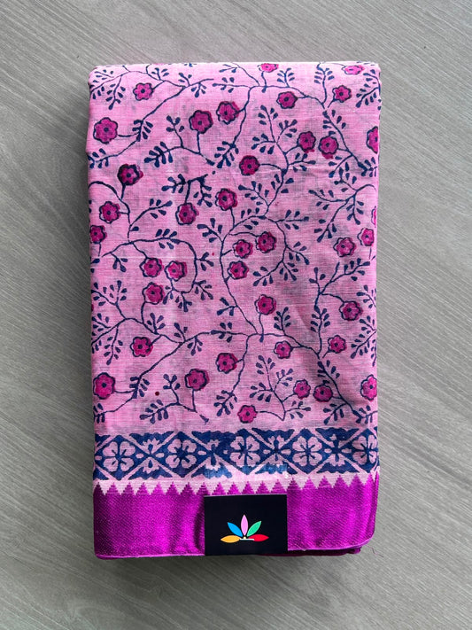 Light Magenta Shade Hand Block Printed Bengal Cotton Saree (Without Blouse)- 35394