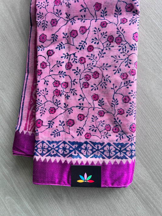 Light Magenta Shade Hand Block Printed Bengal Cotton Saree (Without Blouse)- 35394