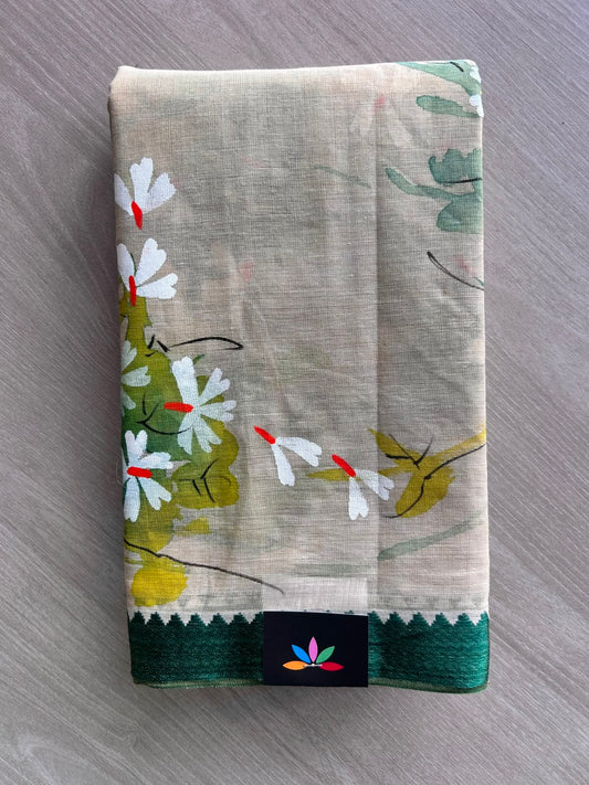 Royal Beige Hand painted Bengal Cotton Saree (Without Blouse)- 35395