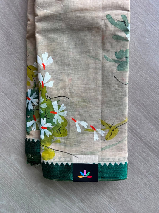 Royal Beige Hand painted Bengal Cotton Saree (Without Blouse)- 35395