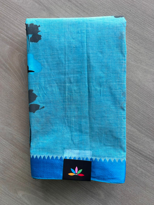 Dark Sky-Blue Hand painted Bengal Cotton Saree (Without Blouse)- 35397