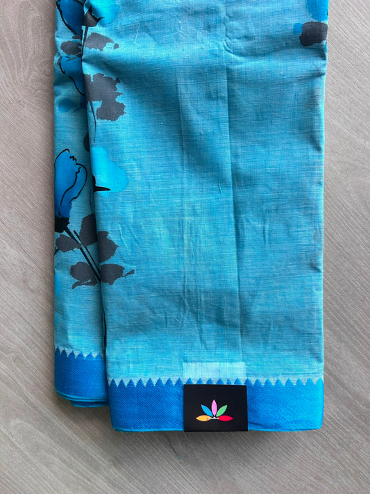 Dark Sky-Blue Hand painted Bengal Cotton Saree (Without Blouse)- 35397