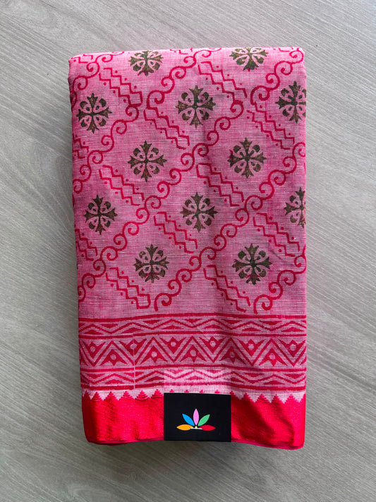 Dark Pink Hand Block Printed Bengal Cotton Saree (Without Blouse)- 35398