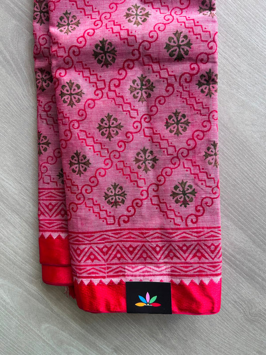 Dark Pink Hand Block Printed Bengal Cotton Saree (Without Blouse)- 35398