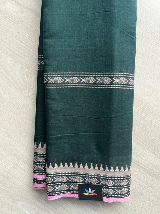 Gable Green Fish Weave Handloom Bengal Soft Cotton Saree (Without Blouse) - 31686