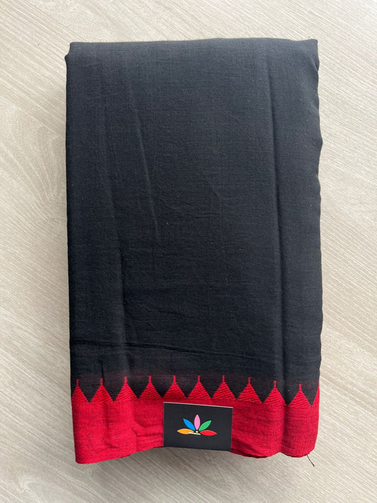 Black Temple Border Handloom Bengal Soft Cotton Saree (Without Blouse) - 31690