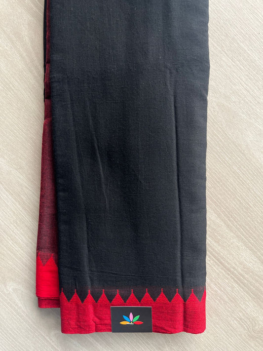 Black Temple Border Handloom Bengal Soft Cotton Saree (Without Blouse) - 31690
