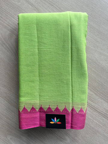 Pistachio Green Temple Border Handloom Bengal Soft Cotton Saree (Without Blouse) - 31692A