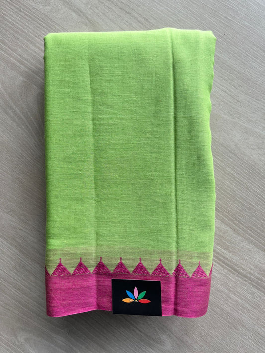 Pistachio Green Temple Border Handloom Bengal Soft Cotton Saree (Without Blouse) - 31692A
