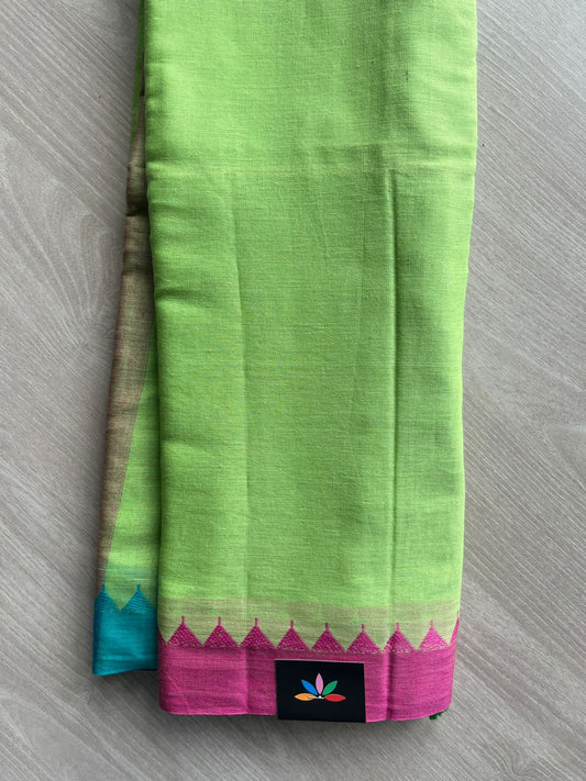 Pistachio Green Temple Border Handloom Bengal Soft Cotton Saree (Without Blouse) - 31692A