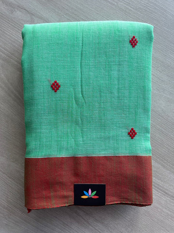 Bright Teal Handloom Bengal Soft Cotton Saree - 32187