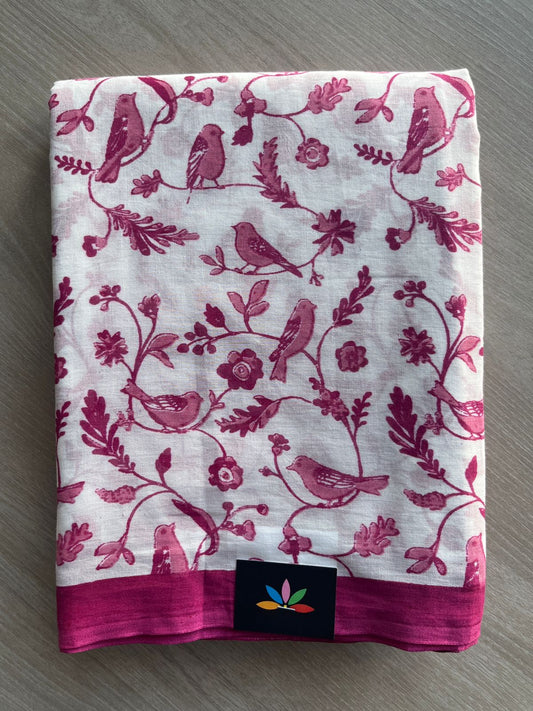 White Printed Fine Mul Cotton Saree - 32219