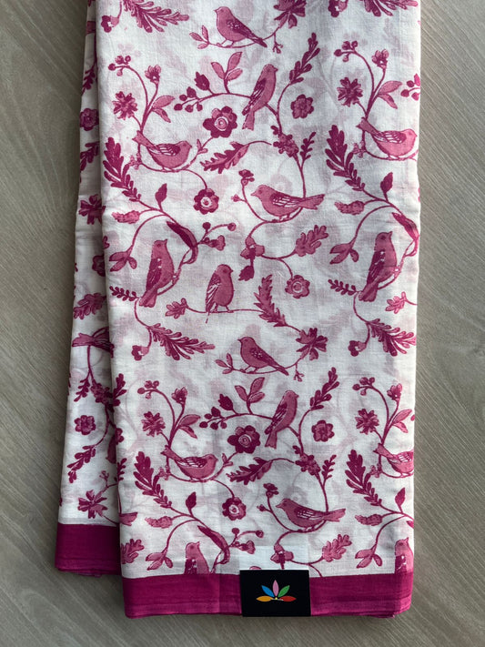 White Printed Fine Mul Cotton Saree - 32219