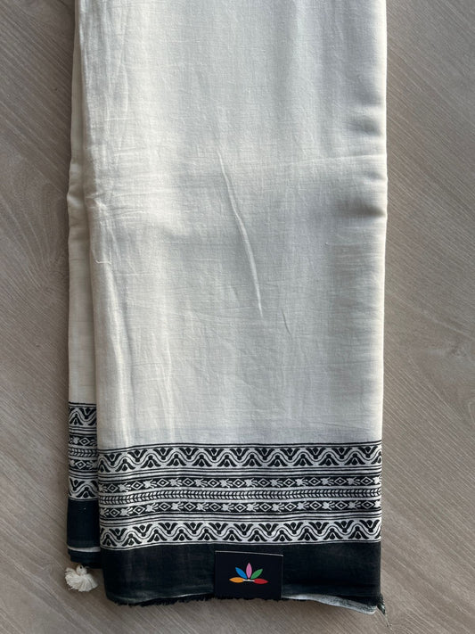 Off-White Printed Fine Mul Cotton Saree - 32220