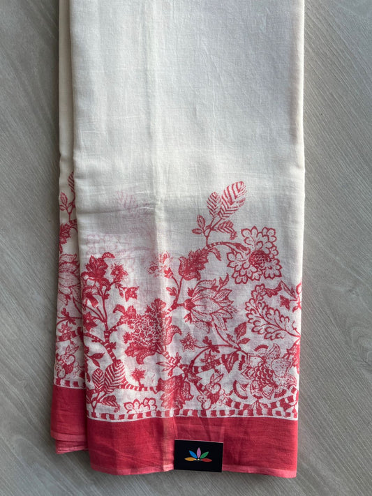 Off-White with Desire Red Printed Fine Mul Cotton Saree - 32221