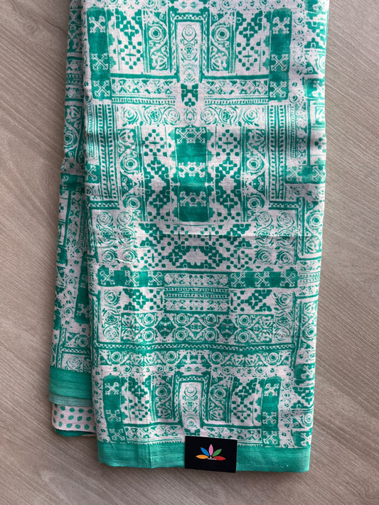 Light Sea Green & White Printed Fine Mul Cotton Saree - 32223