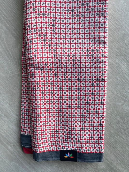 Crimson Red Printed Fine Mul Cotton Saree - 32224