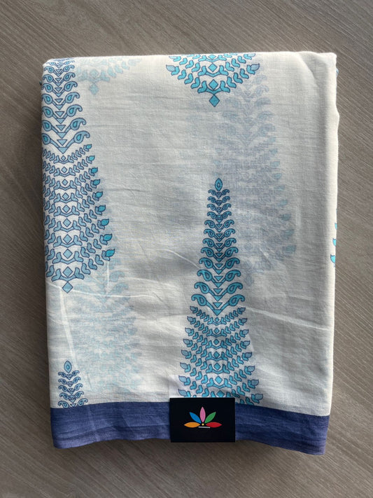 Off-White Printed Fine Mul Cotton Saree - 32225