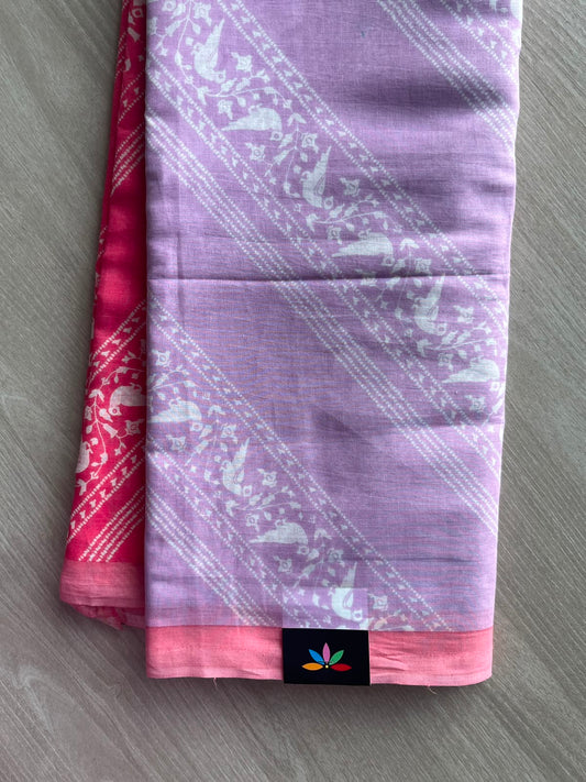 Light Lilac & Cosmos Pink Printed Fine Mul Cotton Saree - 34990