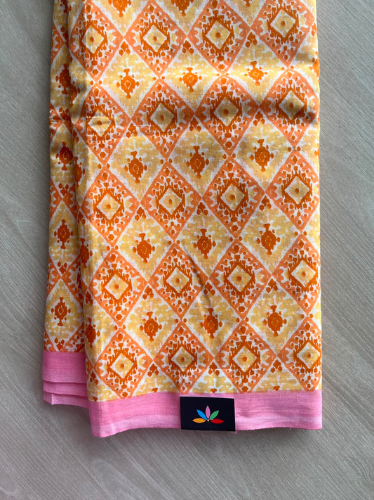 Apricot Orange Printed Fine Mul Cotton Saree - 34991
