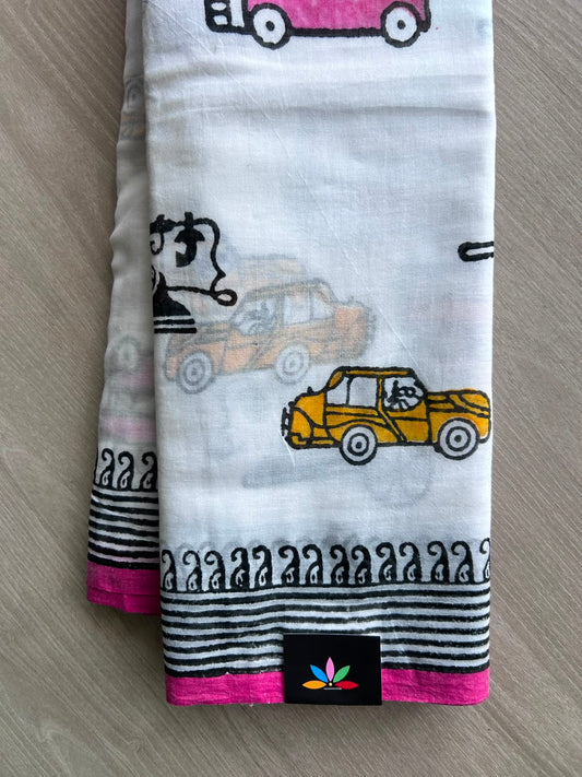 White Printed Mul Cotton Saree (Without Blouse) - 35366