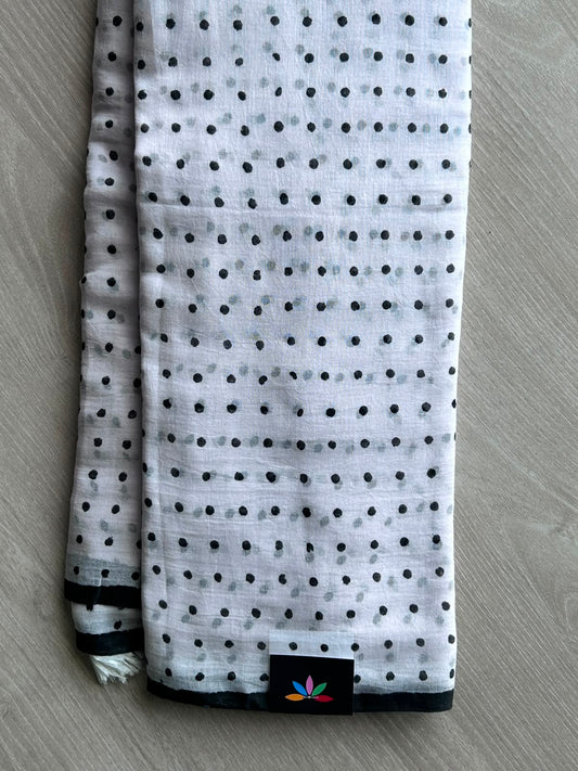 White Printed Mul Cotton Saree (Without Blouse) - 35367