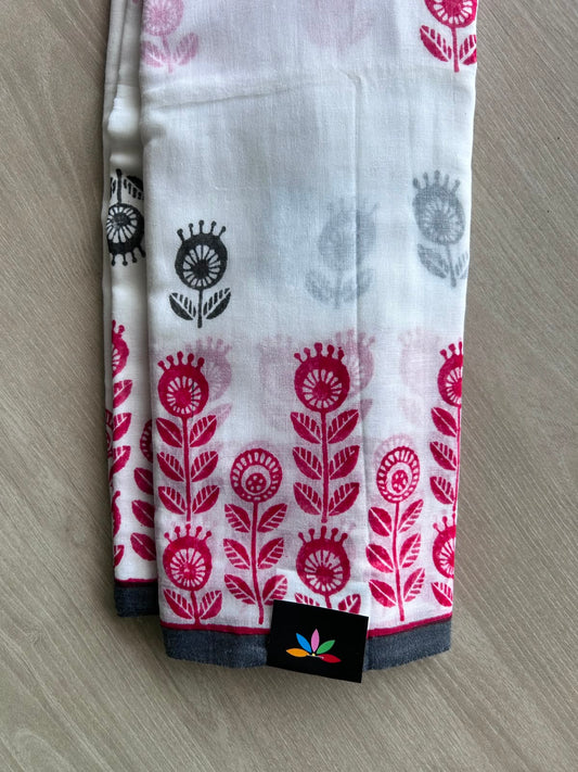 White Printed Mul Cotton Saree (Without Blouse) - 35368