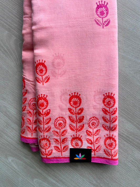 Flamingo pink Printed Mul Cotton Saree (Without Blouse) - 35369