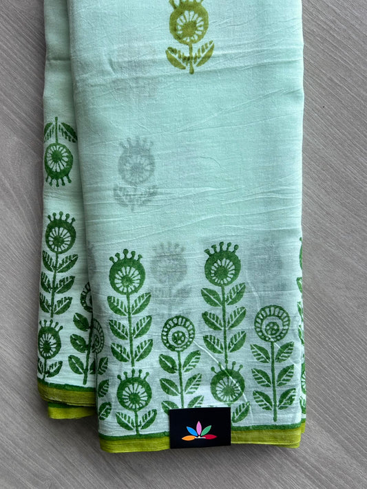 Mint Green Printed Mul Cotton Saree (Without Blouse) - 35372