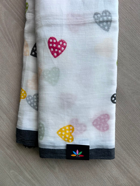 White Printed Mul Cotton Saree (Without Blouse) - 35374