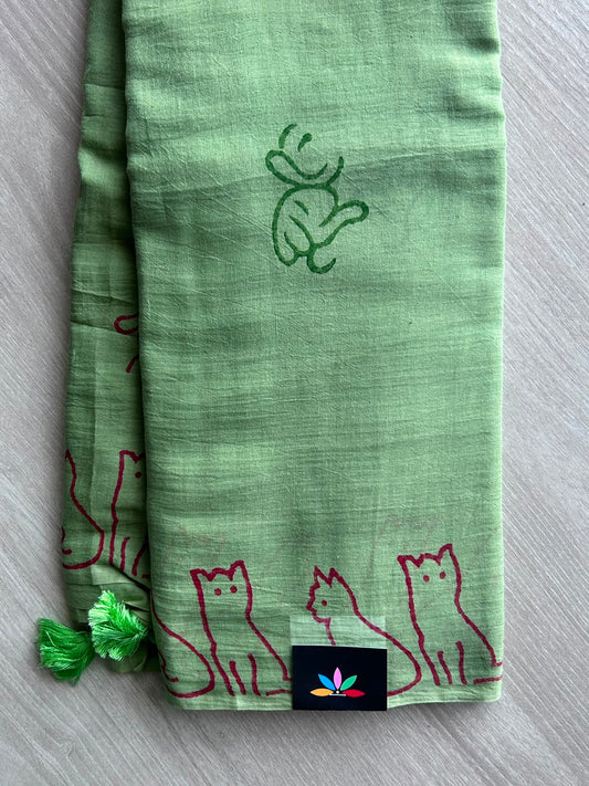 Aniseed Leaf Green Printed Mul Cotton Saree (Without Blouse) - 35376
