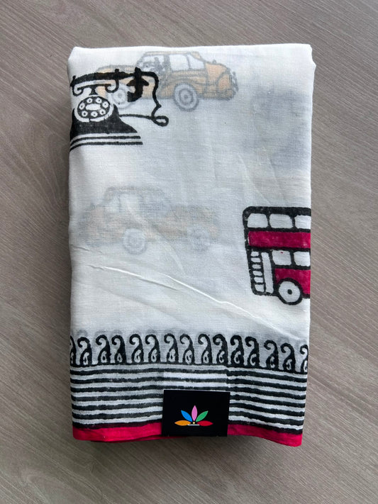 White Printed Mul Cotton Saree (Without Blouse) - 35380