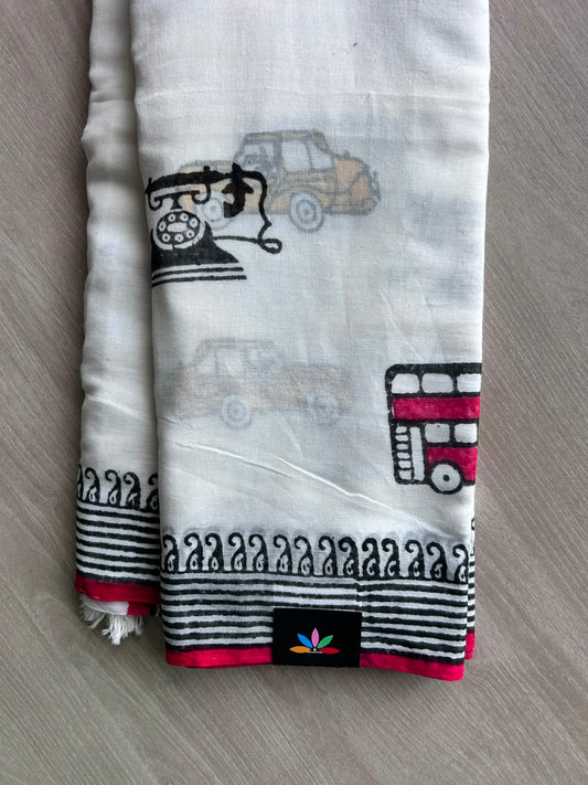 White Printed Mul Cotton Saree (Without Blouse) - 35380