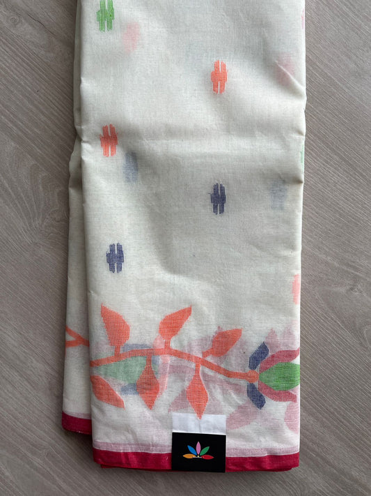 Off White Handloom Fine Jamdani Cotton Starched Saree (Without blouse) -31212