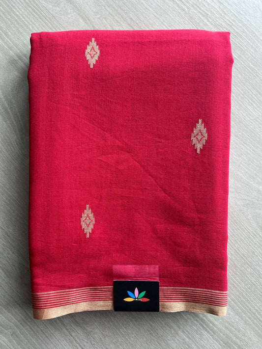 Bright Red Handloom Bengal Soft Cotton Jamdani Saree-31218