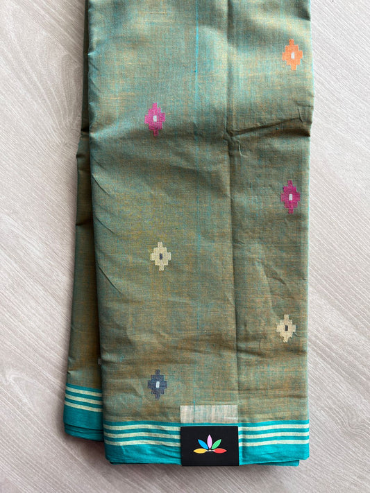 Double Tone (Pine Green/Golden) Handloom Bengal Jamdani Cotton Starched Saree (Without blouse) -31229