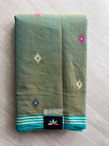 Double Tone (Pine Green/Golden) Handloom Bengal Jamdani Cotton Starched Saree (Without blouse) -31229