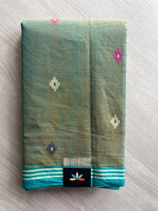 Double Tone (Pine Green/Golden) Handloom Bengal Jamdani Cotton Starched Saree (Without blouse) -31229