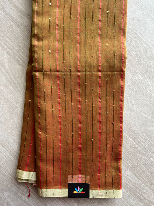 Double Tone (Mustard Yellow/Olive Green) Cotton Sequin Work Saree -31238