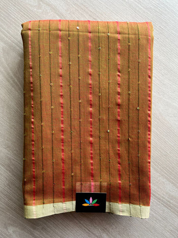 Double Tone (Mustard Yellow/Olive Green) Cotton Sequin Work Saree -31238