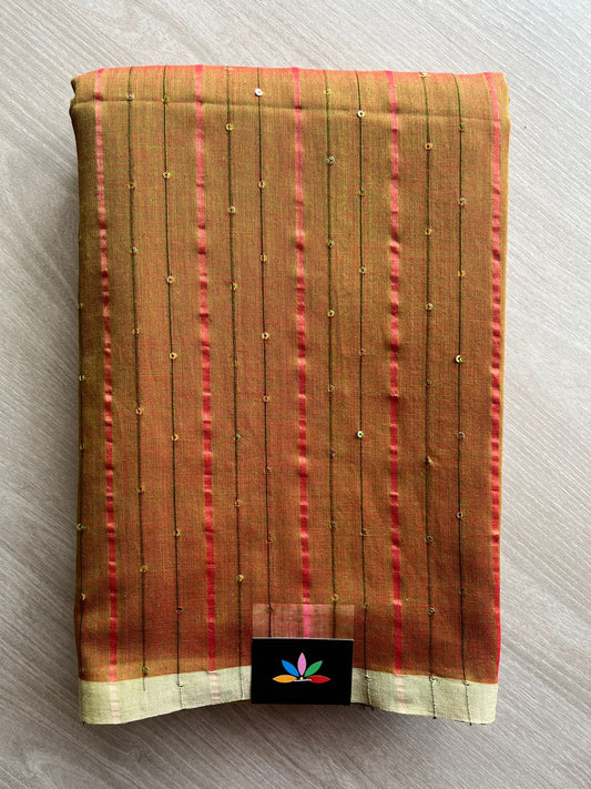 Double Tone (Mustard Yellow/Olive Green) Cotton Sequin Work Saree -31238