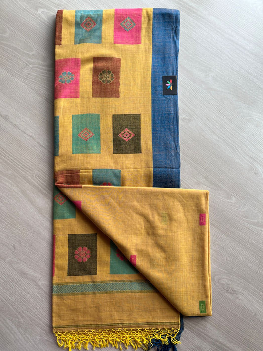 Multicolour Recatangle Floral Pallu Handwoven Soft Cotton Saree -27496