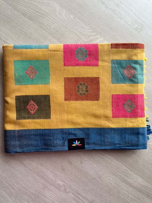 Multicolour Recatangle Floral Pallu Handwoven Soft Cotton Saree -27496