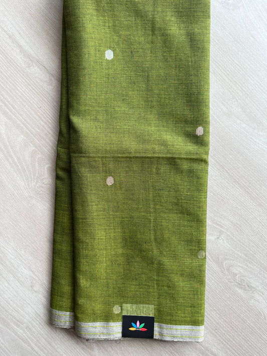 Olive Green Handwoven Bengal Soft Cotton Jamdani Saree -28547