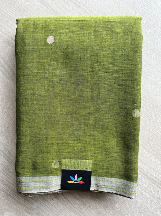 Olive Green Handwoven Bengal Soft Cotton Jamdani Saree -28547
