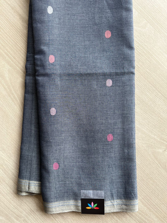 Seal Grey Handwoven Bengal Soft Cotton Jamdani Saree -28549