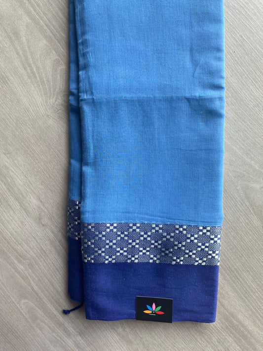 Light Cobalt Blue Contrast Border Bengal Soft Cotton Saree (Without Blouse) - 32686_32687
